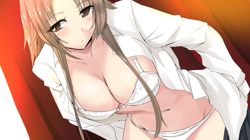 1girl blush bra breasts brown_eyes brown_hair cleavage dutch_angle highres indoors large_breasts leaning_forward looking_at_viewer midriff miracle_hoshi miyoshi_maiko navel original panties solo standing underwear undressing white_bra white_panties