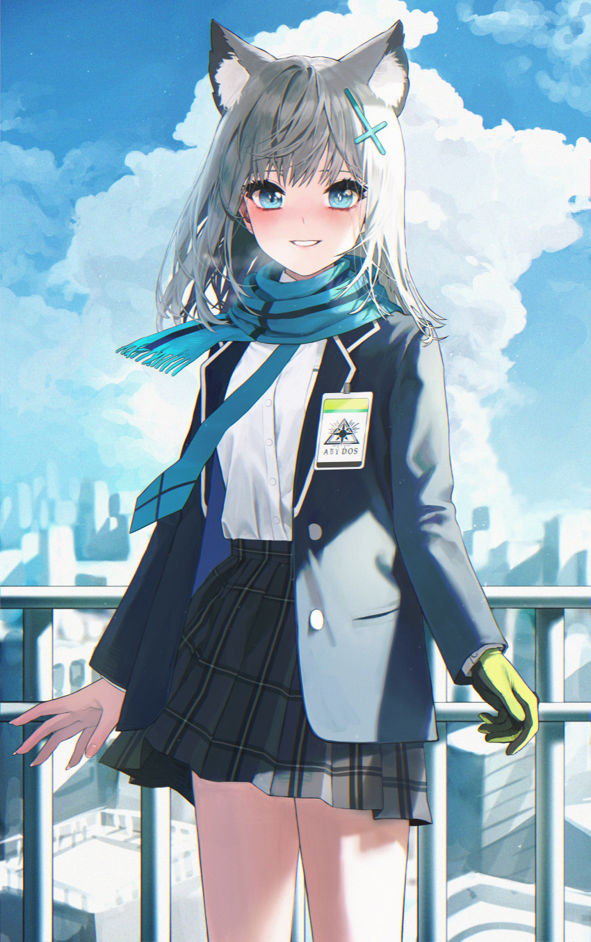 1girl absurdres animal_ears bangs blue_archive blue_scarf blush cat_ears commentary cowboy_shot gloves green_gloves hair_ornament hairclip highres kir_(khw66136132) long_hair long_sleeves medium_hair outdoors parted_lips scarf school_uniform shiroko_(blue_archive) shirt shirt_tucked_in silver_hair single_glove skirt smile solo standing thighs white_shirt