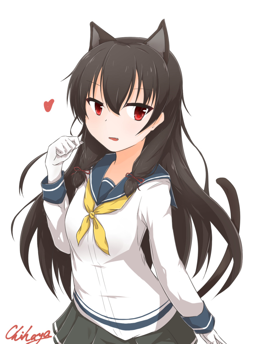 1girl animal_ears bangs black_hair black_skirt blouse blue_sailor_collar breasts cat_ears cat_tail chihaya_refrain commentary_request cowboy_shot eyebrows_visible_through_hair fang gloves hair_between_eyes hair_ribbon heart highres isokaze_(kantai_collection) kantai_collection kemonomimi_mode long_hair long_sleeves looking_at_viewer medium_breasts neckerchief open_mouth pleated_skirt red_eyes ribbon sailor_collar school_uniform serafuku signature skirt solo standing tail tress_ribbon white_background white_blouse white_gloves yellow_neckwear