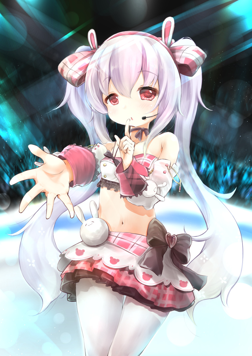 1girl absurdres animal_ears azur_lane bangs black_bow bow breasts collarbone commentary_request detached_sleeves eyebrows_visible_through_hair hair_between_eyes hair_bow hairband hand_up headset heart highres huge_filesize index_finger_raised laffey_(azur_lane) long_hair long_sleeves maru_shion midriff navel pantyhose parted_lips pink_hair plaid plaid_bow plaid_skirt pleated_skirt rabbit_ears red_bow red_eyes red_hairband red_skirt shirt silver_hair single_strap skirt small_breasts solo twintails very_long_hair white_legwear white_shirt white_sleeves