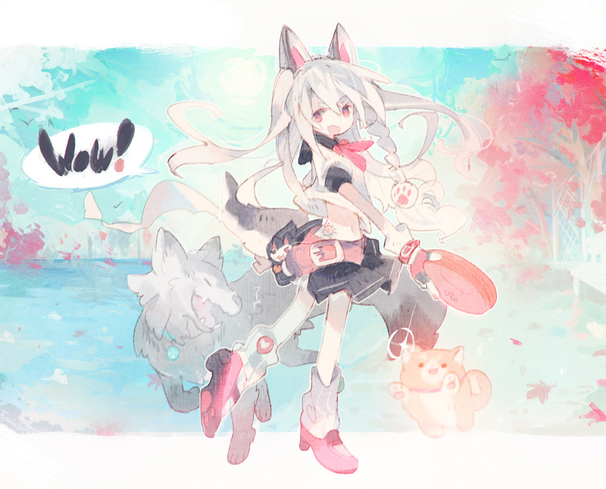 1girl animal_ears azur_lane black_hair boots character_request dog eyebrows eyebrows_visible_through_hair gloves hair_ornament long_hair open_mouth red_eyes red_ribbon ribbon school_uniform silver_hair sketch skirt standing standing_on_one_leg traditional_media very_long_hair watercolor_(medium)