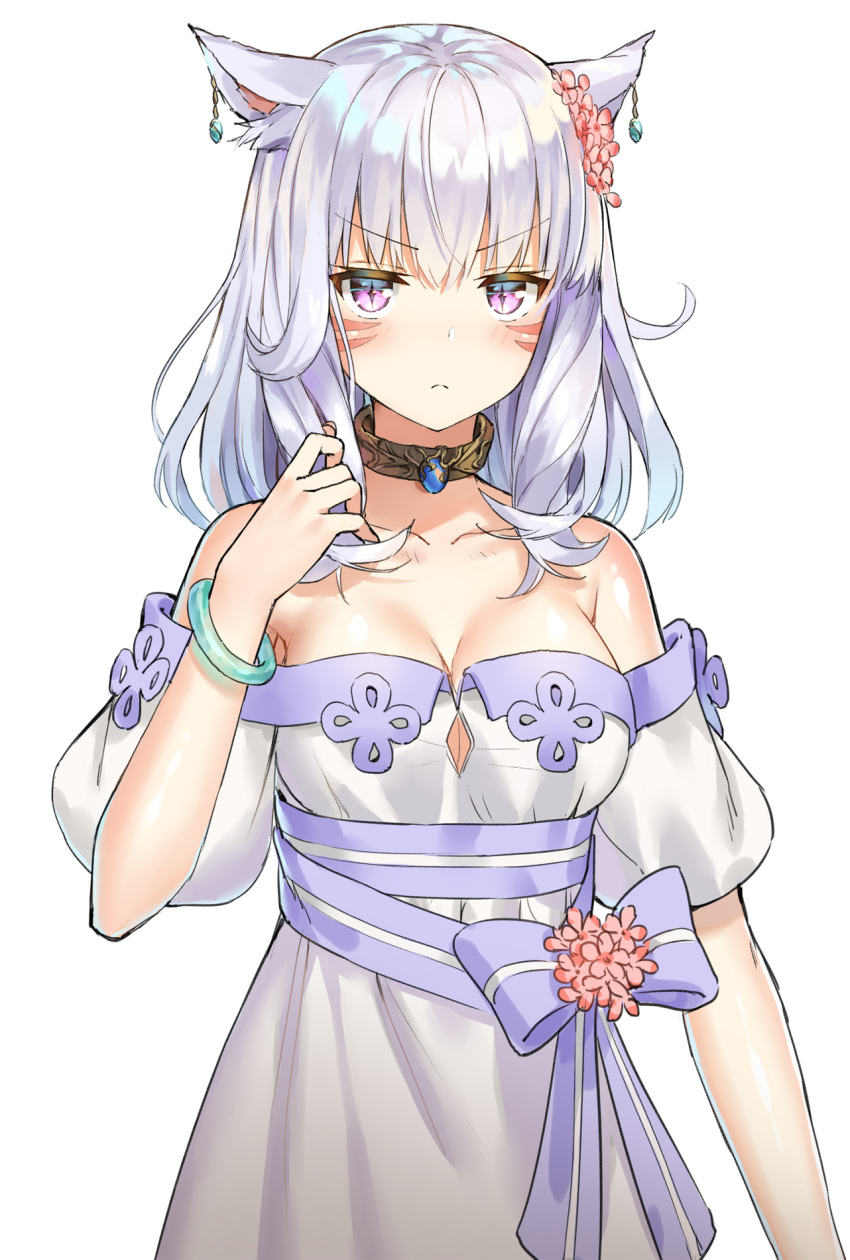 &gt;:( 1girl 5ya animal_ears bangs bare_shoulders breasts cat_ears choker cleavage dress earrings eyebrows_visible_through_hair facial_mark final_fantasy final_fantasy_xiv frown gem grey_hair hair_ornament hand_in_hair hand_up highres jewelry large_breasts looking_at_viewer miqo'te puffy_short_sleeves puffy_sleeves ribbon short_sleeves simple_background slit_pupils solo standing violet_eyes white_background