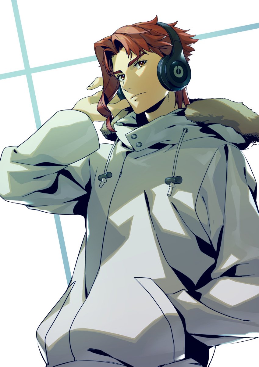 1boy alternate_costume asymmetrical_hair closed_mouth coat eyebrows_visible_through_hair fingernails fur_trim hand_in_pocket hand_on_headphones hand_up headphones highres hood hood_down hoodie jojo_no_kimyou_na_bouken kakyouin_noriaki kotatsu_(g-rough) long_hair long_sleeves looking_at_viewer male_focus red_eyes redhead short_hair solo standing upper_body winter_clothes