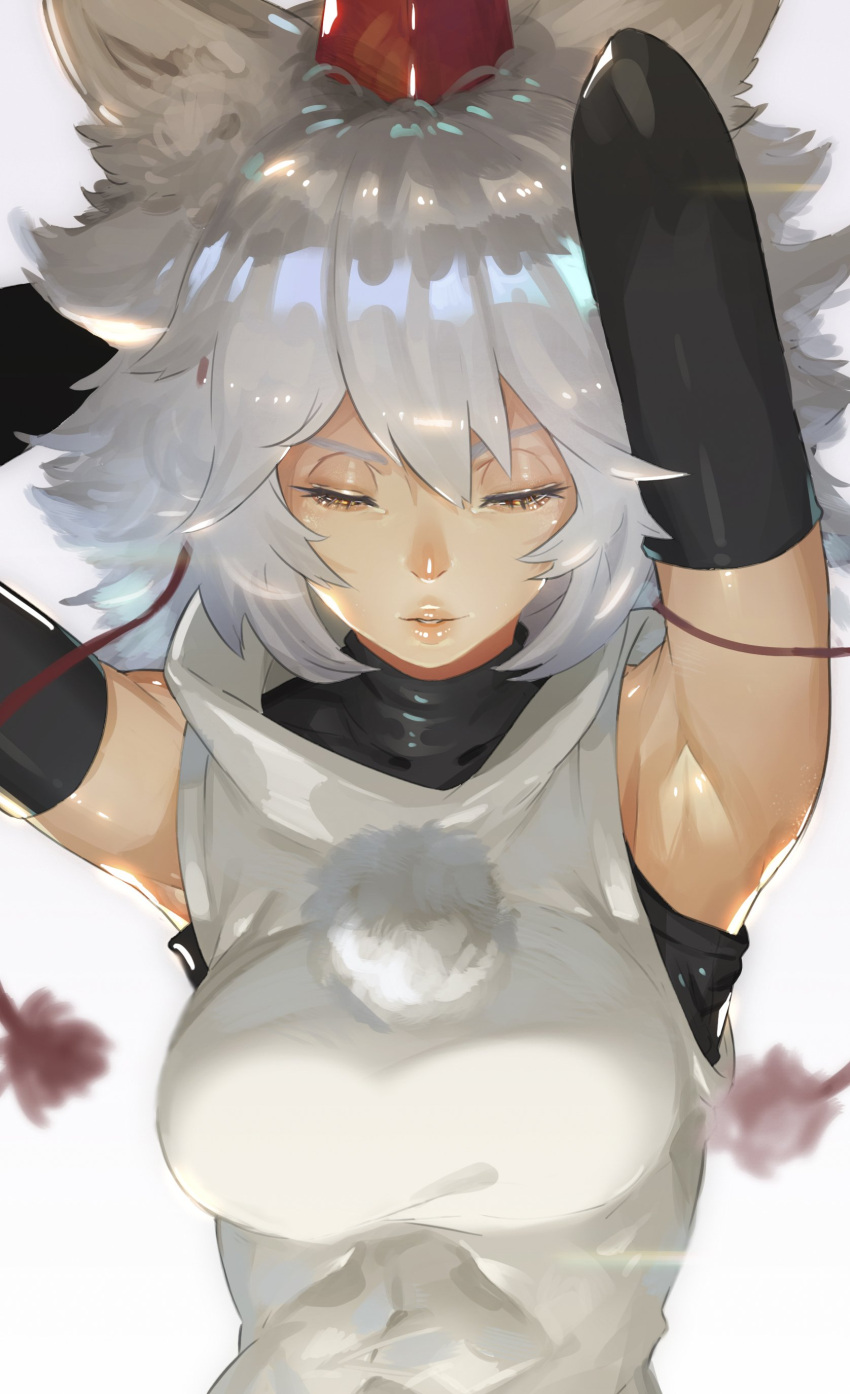 1girl absurdres animal_ears armpits arms_behind_head black_gloves breasts closed_eyes elbow_gloves gloves hat highres inubashiri_momiji katsuan_(mikecat38) lips medium_breasts nose parted_lips pom_pom_(clothes) simple_background sleeveless solo tokin_hat touhou upper_body white_background white_hair wolf_ears