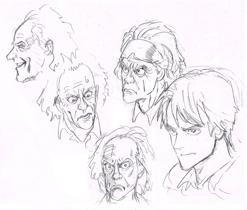 2boys back_to_the_future bangs closed_eyes closed_mouth commentary emmett_brown expressions frown highres looking_at_viewer marty_mcfly multiple_boys murata_yuusuke old_man parted_lips profile scan smile traditional_media