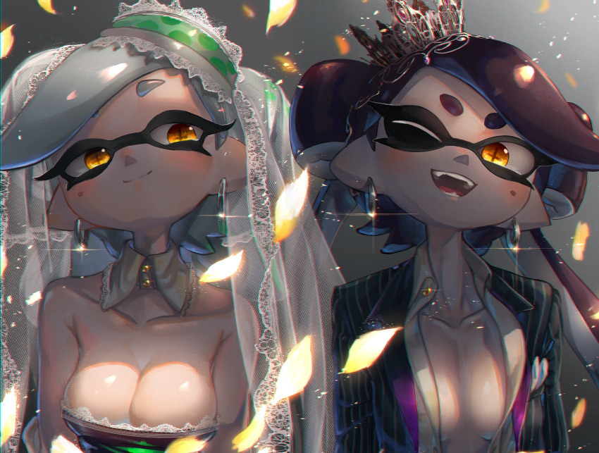 +_+ 2girls ;d aori_(splatoon) bare_shoulders black_hair black_jacket breasts bridal_veil buttons cleavage closed_mouth collarbone collared_shirt commentary cousins crown detached_collar domino_mask dress dress_shirt earrings falling_petals fangs food food_on_head glint glowing_petals gradient gradient_background grey_background grey_hair highres hoop_earrings hotaru_(splatoon) jacket jewelry kashu_(hizake) lace long_hair looking_at_viewer mask medium_breasts mini_crown mole mole_under_eye monster_girl multiple_girls object_on_head one_eye_closed open_clothes open_jacket open_mouth open_shirt petals pointy_ears shade shiny shiny_hair shiny_skin shirt short_eyebrows short_hair smile splatoon strapless strapless_dress striped_jacket tentacle_hair upper_body veil white_shirt wife_and_wife yellow_eyes yuri