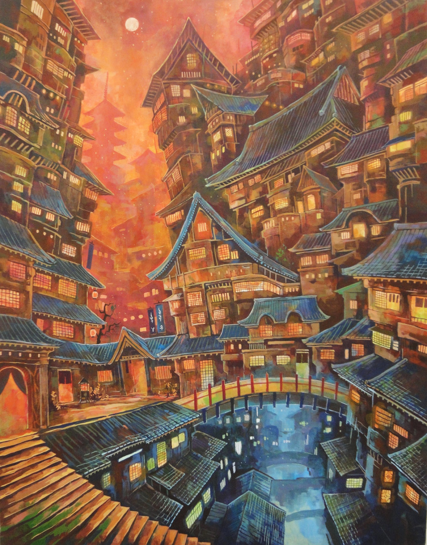 acrylic_paint_(medium) architecture bridge city commentary_request curtains door east_asian_architecture fantasy full_moon highres kemi_neko moon no_humans original outdoors red red_sky scenery sky stairs star_(sky) traditional_media window