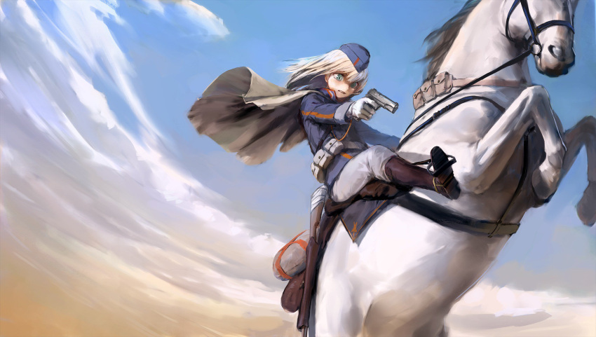 1girl belt belt_pouch blonde_hair blue_eyes blue_hat blue_sky boots brown_footwear cape clenched_teeth clouds cloudy_sky copyright_request day gloves gun handgun hat highres holding holding_gun holding_weapon horse horseback_riding jacket long_hair long_sleeves military military_uniform outdoors pants parted_lips pistol pouch rearing reins riding sitting sky solo stirrups teeth treeware uniform weapon white_gloves
