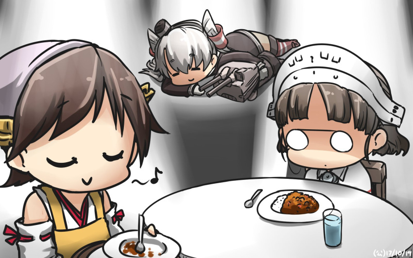 3girls amatsukaze_(kantai_collection) apron bare_shoulders black_dress brown_hair capelet closed_eyes commentary_request cup curry curry_rice dated detached_sleeves dress drinking_glass food glasses hair_tubes hairband hamu_koutarou headgear hiei_(kantai_collection) highres japanese_clothes kantai_collection long_hair long_sleeves multiple_girls musical_note nontraditional_miko pince-nez quaver rensouhou-kun ribbon-trimmed_sleeves ribbon_trim rice roma_(kantai_collection) short_hair silver_hair sitting smile spoon thigh-highs two_side_up windsock yellow_apron