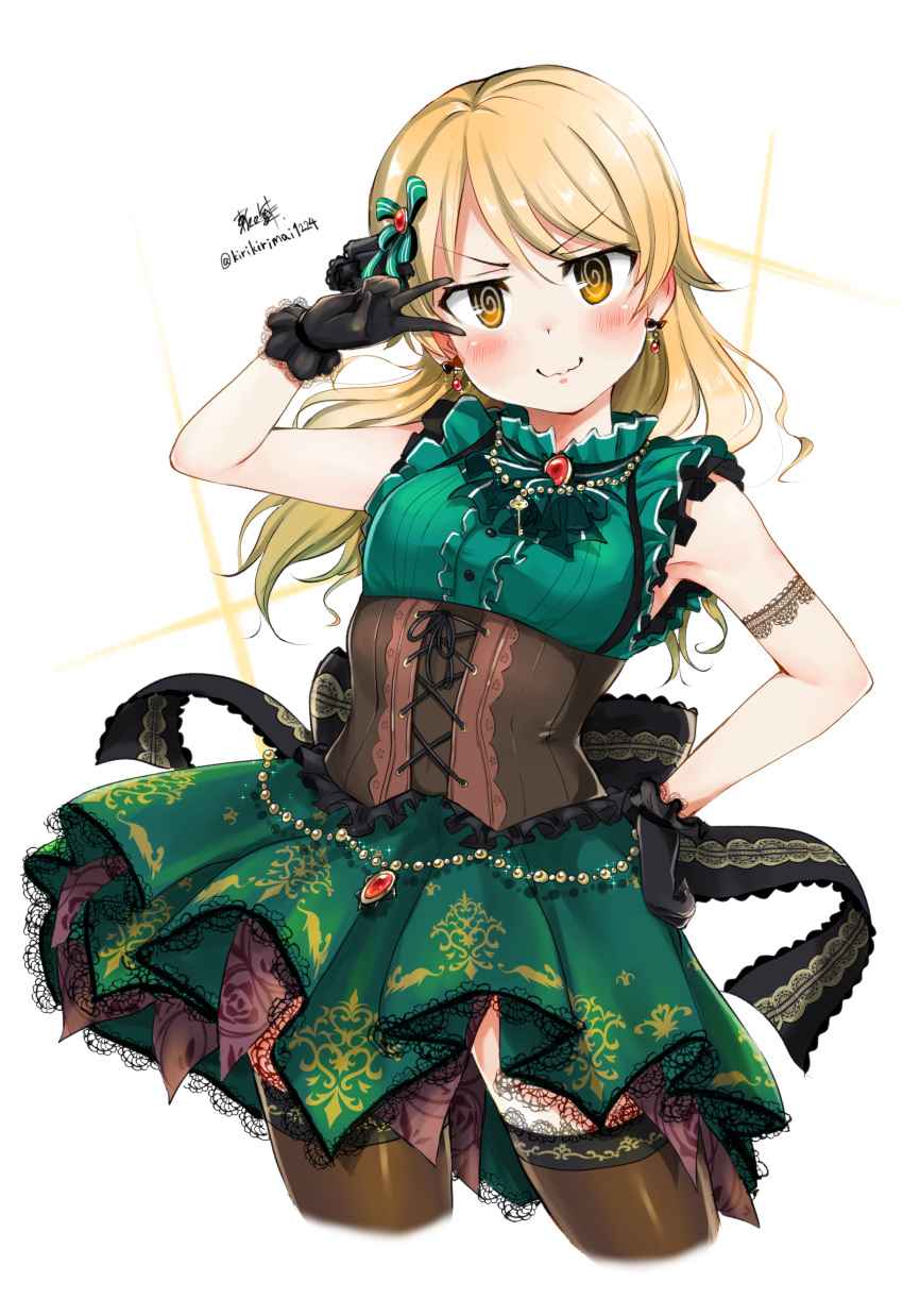 1girl absurdres arm_garter armpits artist_name black_gloves blush breasts brooch brown_legwear commentary_request corset dress ear_blush earrings gem gloves green_dress hand_on_hip highres idolmaster idolmaster_cinderella_girls idolmaster_cinderella_girls_starlight_stage jewelry kirikirimai_(kkm) lace lace-trimmed_dress lace-trimmed_gloves lace-trimmed_thighhighs light_brown_hair long_hair looking_at_viewer morikubo_nono signature simple_background sleeveless sleeveless_dress small_breasts smile thigh-highs twitter_username v v_over_eye wavy_mouth white_background