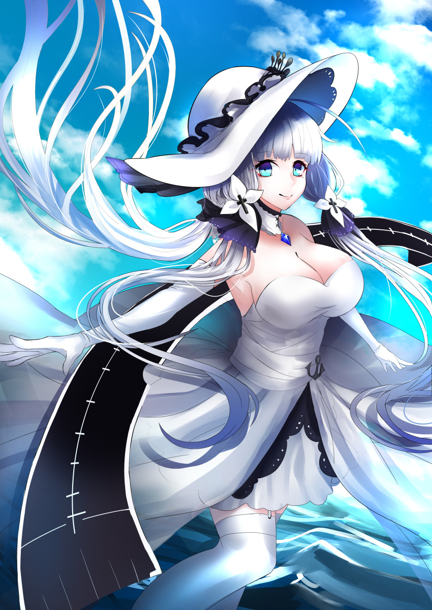 1girl absurdres azur_lane bare_shoulders blue_eyes blue_sky breasts cleavage clouds cloudy_sky commentary_request dress elbow_gloves flight_deck garter_straps gloves hat highres ichinose_rom illustrious_(azur_lane) large_breasts long_hair looking_at_viewer machinery ocean off-shoulder_dress off_shoulder silver_hair sky smile solo sun_hat thigh-highs tri_tails white_dress white_gloves white_legwear