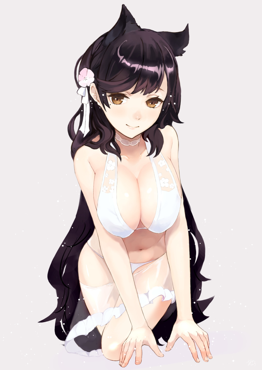 1girl absurdres animal_ears ashiya_hiro atago_(azur_lane) azur_lane bangs bikini black_hair blush breasts choker commentary_request eyebrows_visible_through_hair hair_ornament highres large_breasts leaning_forward light_smile long_hair looking_at_viewer mole mole_under_eye navel sarong simple_background solo swept_bangs swimsuit white_bikini