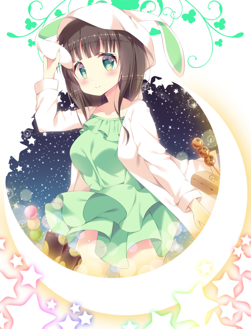 1girl animal_hood bangs blunt_bangs blush breasts brown_hair bunny_hood closed_mouth collarbone commentary_request cowboy_shot crescent dango dress eyebrows_visible_through_hair food gochuumon_wa_usagi_desu_ka? green_dress green_eyes highres hood hooded_jacket jacket layered_dress long_hair long_sleeves looking_at_viewer loungewear medium_breasts night night_sky sky smile solo standing star star_(sky) sui-95 ujimatsu_chiya wagashi white_hood white_jacket youkan_(food)