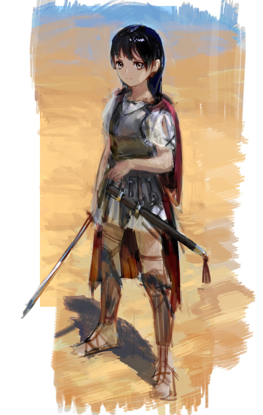 1girl absurdres armor bangs black_hair breastplate cape closed_mouth desert faulds greaves grey_eyes highres holding holding_sword holding_weapon legs_apart light_smile looking_at_viewer original red_cape roman_clothes sand sandals sheath short_sleeves sketch soldier solo standing sword toga treeware weapon