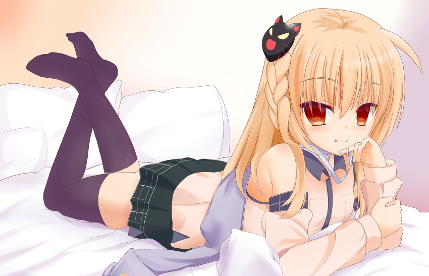1girl :p bed black_legwear blonde_hair blush braid erniang highres looking_at_viewer lying mask mask_on_head naughty_face no_shoes on_stomach pillow red_eyes school_uniform shiranui_(zhan_jian_shao_nyu) side_braid simple_background solo thigh-highs tongue tongue_out zhan_jian_shao_nyu