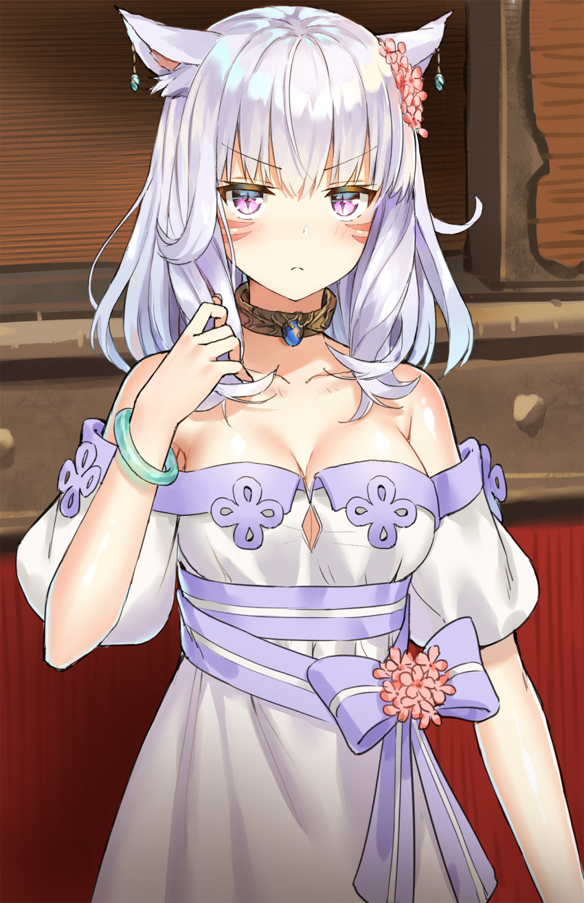 &gt;:( 1girl 5ya animal_ears bangs bare_shoulders breasts cat_ears choker cleavage dress earrings eyebrows_visible_through_hair facial_mark final_fantasy final_fantasy_xiv frown gem grey_hair hair_ornament hand_in_hair hand_up highres jewelry large_breasts looking_at_viewer miqo'te puffy_short_sleeves puffy_sleeves ribbon short_sleeves slit_pupils solo standing violet_eyes