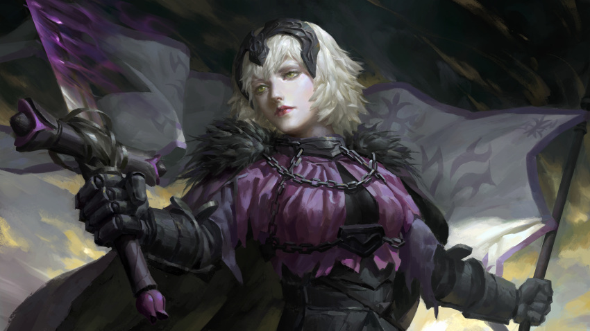 1girl armor bangs black_cape blonde_hair breastplate buchuo_liu cape chains closed_mouth commentary_request fate/grand_order fate_(series) flag fur-trimmed_cape fur_trim gauntlets gorget highres holding holding_flag holding_sword holding_weapon jeanne_alter looking_away pale_skin red_lips ruler_(fate/apocrypha) short_hair solo sword tiara upper_body weapon yellow_eyes