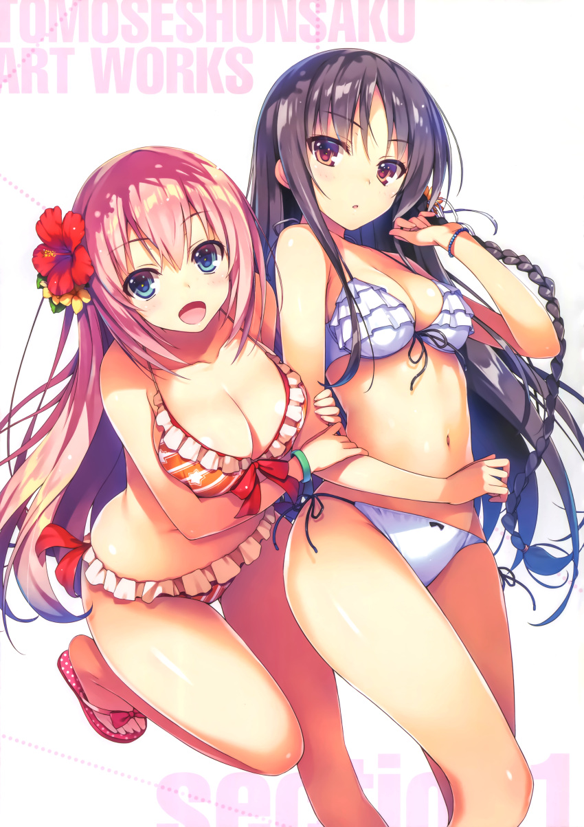 2girls absurdres artist_name bangs bare_shoulders bikini black_hair blue_eyes blush bracelet braid breasts cleavage collarbone eyebrows_visible_through_hair flower frills hair_flower hair_ornament hibiscus highres horikita_suzune huge_filesize ichinose_honami_(youjitsu) jewelry large_breasts long_hair looking_at_viewer multiple_girls navel one_leg_raised open_mouth parted_lips pink_hair red_eyes sandals simple_background smile striped striped_bikini swimsuit tomose_shunsaku white_background white_bikini youkoso_jitsuryoku_shijou_shugi_no_kyoushitsu_e