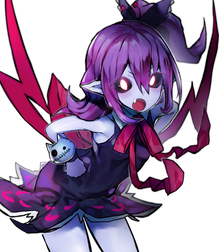 1girl black_sclera fang glowing glowing_eyes hands_on_hips highres monster_girl musume neck_ribbon nishiide_kengorou open_mouth pointy_ears purple_hair purple_skin ribbon side_ponytail simple_background sleeveless solo v_yuusha_no_kuse_ni_namaiki_da_r yuusha_no_kuse_ni_namaiki_da
