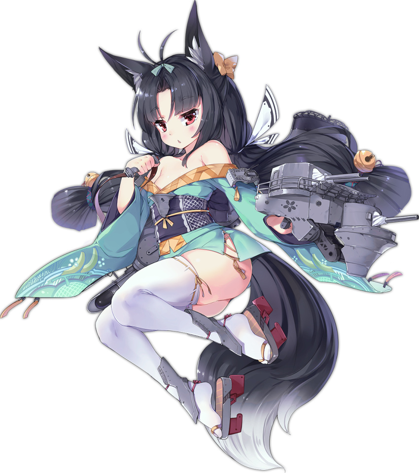 1girl animal_ears artist_request azur_lane black_hair breasts chestnut_mouth cleavage hair_ribbon highres holding japanese_clothes kimono long_hair looking_at_viewer low_twintails machinery off_shoulder official_art red_eyes ribbon simple_background solo tail thigh-highs transparent_background turret twintails white_legwear wolf_ears wolf_tail yukata yuubari_(azur_lane) zettai_ryouiki