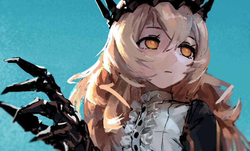 1girl :| armor bangs black_dress black_rock_shooter blonde_hair blue_background bright_pupils chariot_(black_rock_shooter) claws closed_mouth copyright_request crown dress expressionless hair_between_eyes hand_up highres long_hair looking_afar looking_away solo treeware yellow_eyes yellow_pupils