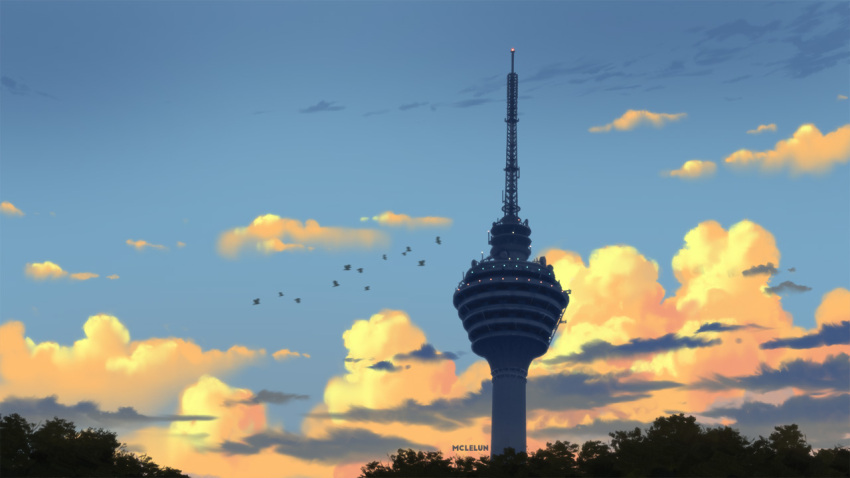artist_name bird blue_sky clouds cloudy_sky commentary flock making_of mclelun no_humans outdoors radio_antenna scenery sky tower tree twilight