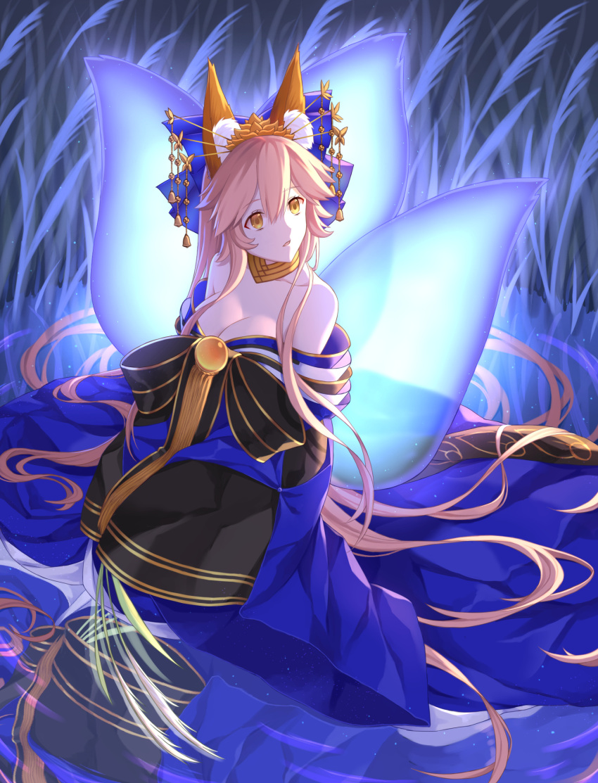 1girl animal_ears breasts cleavage collarbone fate/extra fate/extra_ccc fate/grand_order fate_(series) fox_ears fox_tail glowing_tail hair_ribbon highres japanese_clothes kimono large_breasts long_hair looking_afar looking_at_viewer multiple_tails night open_mouth outdoors pink_hair ribbon solo tail tamamo_(fate)_(all) tamamo_no_mae_(fate) titapi water yellow_eyes