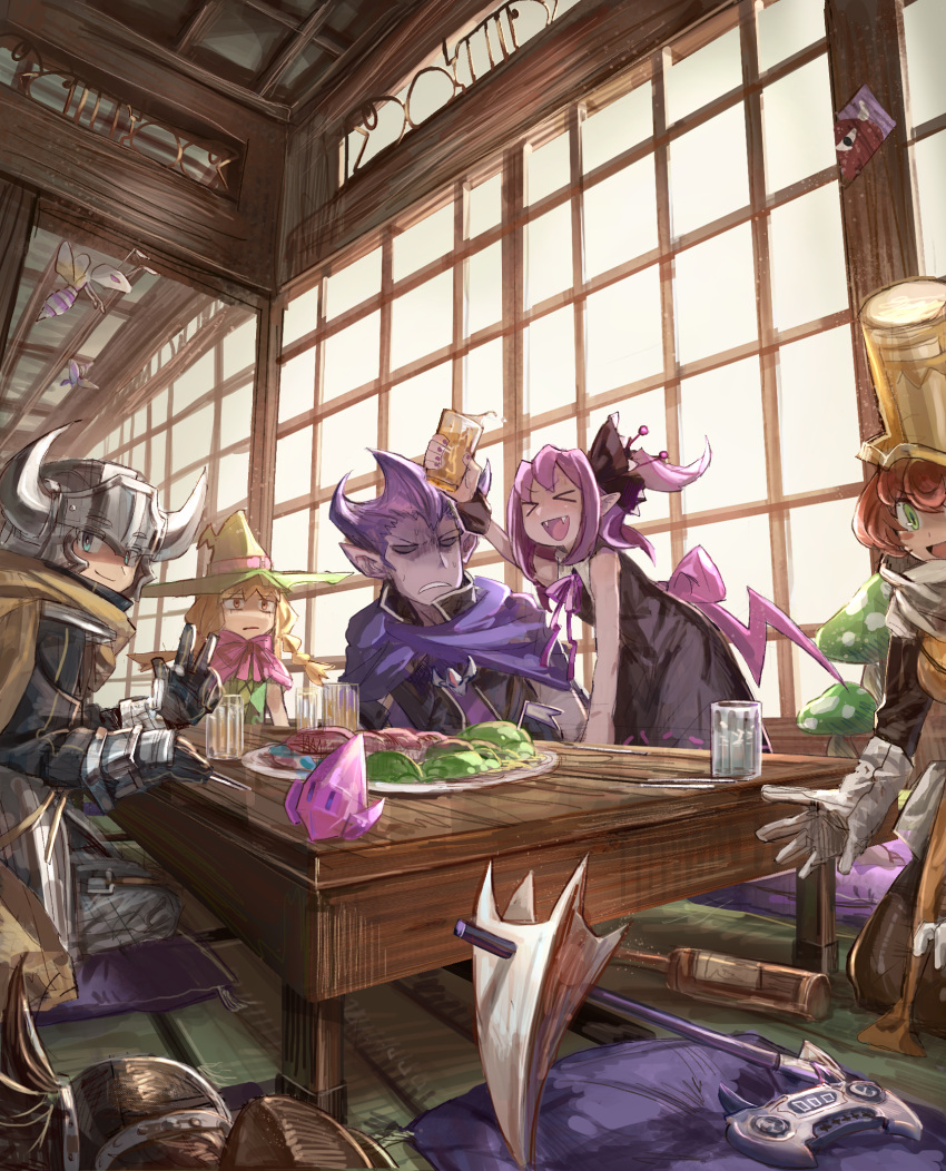 &gt;_&lt; 2boys 3girls :d armor blonde_hair blue_eyes brown_hair character_request controller cup dinner fangs good green_eyes hat highres horns indoors july_(shichigatsu) looking_at_viewer mug multiple_boys multiple_girls musume open_mouth pillow purple_hair sitting smile sweat table v weapon witch_hat yellow_eyes yuusha_no_kuse_ni_namaiki_da