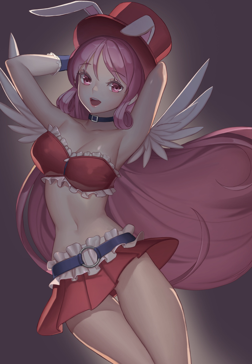 1girl :d absurdres animal_ears armpits arms_behind_head arms_up backlighting bare_shoulders belt choker chyo full_moon_wo_sagashite hat highres lipstick long_hair makeup meroko_yui midriff miniskirt open_mouth pink_eyes pink_hair pink_lipstick rabbit_ears red_hat red_skirt skirt skirt_set smile solo thigh_gap thighs top_hat very_long_hair white_wings wings