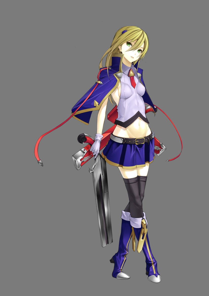1girl absurdres blazblue blazblue:_central_fiction blazblue:_chronophantasma blazblue:_continuum_shift blazblue_phase_0 blazblue_remix_heart blonde_hair blue_eyes boots full_body grey_background gun highres holding holding_gun holding_weapon jacket long_hair looking_at_viewer noel_vermillion simple_background solo weapon