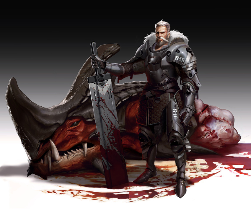 1boy armor beard blood corpse decapitated dragon facial_hair full_body highres holding holding_sword holding_weapon huge_weapon looking_at_viewer monster mustache original power_armor standing sword weapon white_hair