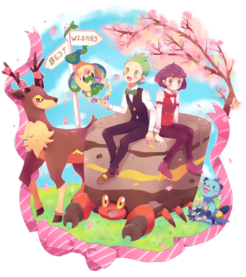 1boy 1girl 33lol :d :o armband black_pants blue_sky blush brown_pants cabernet_(pokemon) cherry_blossoms clouds crustle day dent_(pokemon) dewott eye_contact eyebrows grass green_eyes green_hair green_neckwear highres looking_at_another open_mouth outdoors pansage pants petals pokemon pokemon_(anime) pokemon_(creature) pokemon_bw purple_hair red_neckwear sawsbuck short_hair sitting sky smile vest wreath