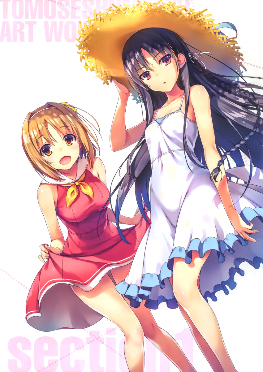 2girls absurdres artist_name bangs bare_shoulders black_hair braid breasts brown_eyes brown_hair dress eyebrows_visible_through_hair hair_ornament hairband hat highres holding_skirt horikita_suzune huge_filesize kushida_kikyou long_hair looking_at_viewer medium_breasts multiple_girls official_art open_mouth parted_lips red_eyes short_hair simple_background sleeveless smile straw_hat tomose_shunsaku white_background youkoso_jitsuryoku_shijou_shugi_no_kyoushitsu_e