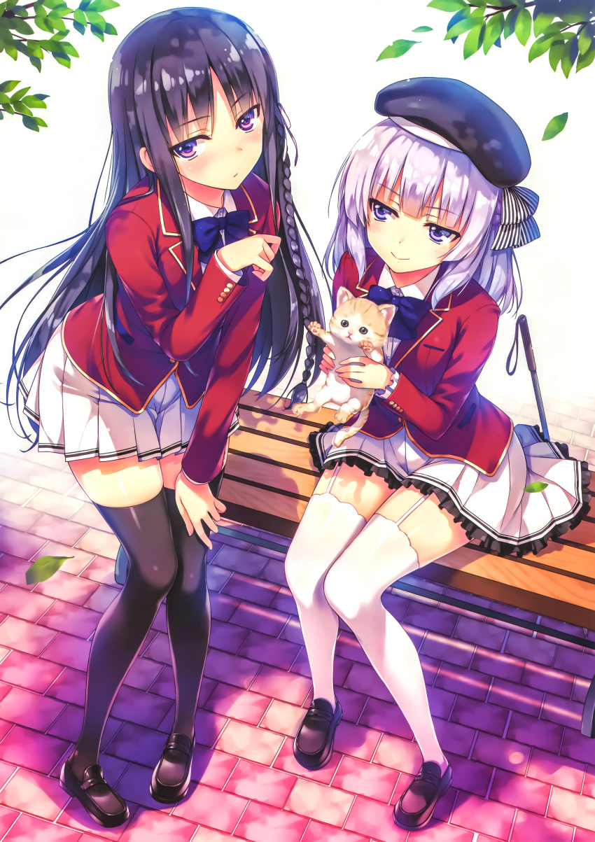 2girls absurdres animal bangs beret black_hair black_legwear blazer blush bow bowtie braid cat detached_sleeves eyebrows_visible_through_hair frills garter_straps hat highres horikita_suzune huge_filesize jacket lavender_hair long_hair looking_at_viewer multiple_girls official_art outdoors pleated_skirt red_eyes sakayanagi_arisu scan school_uniform shoes sitting skirt smile tomose_shunsaku white_legwear youkoso_jitsuryoku_shijou_shugi_no_kyoushitsu_e