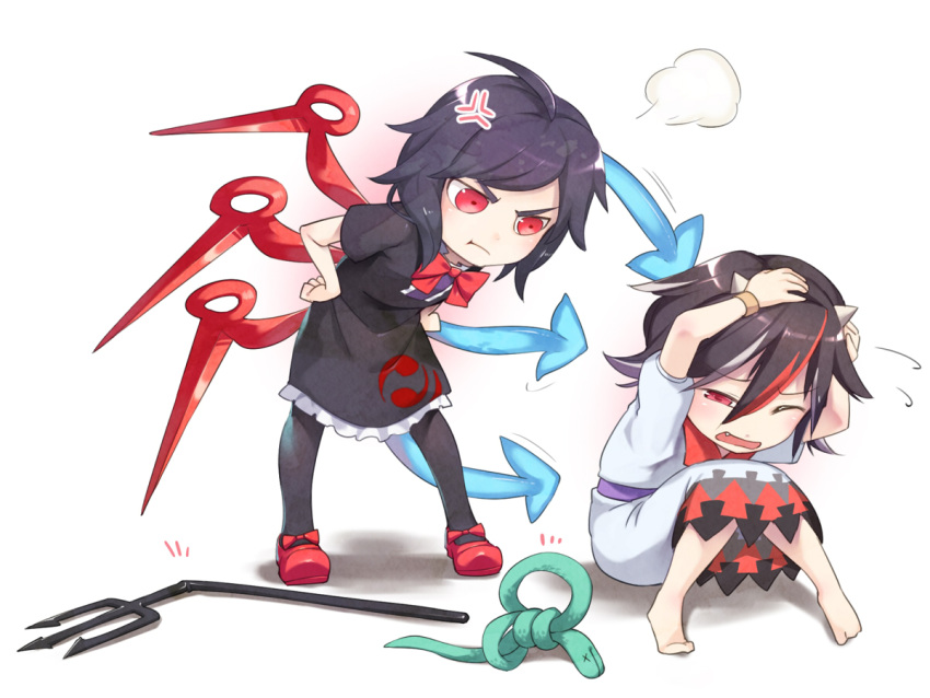 2girls :t anger_vein asutora bangs barefoot black_dress black_hair black_legwear blush chibi commentary_request covering_head cowering d: dress eyebrows_visible_through_hair flying_sweatdrops hands_on_hips horns houjuu_nue kijin_seija knees_together_feet_apart looking_at_another multicolored_hair multiple_girls neck_ribbon one_eye_closed oni_horns open_mouth pantyhose pigeon-toed polearm pout red_eyes red_footwear red_ribbon ribbon shoes short_sleeves simple_background sitting snake standing streaked_hair tentacle touhou trident weapon white_background white_dress wings