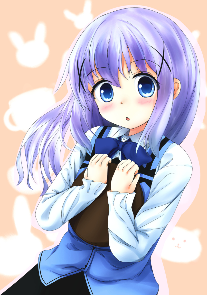 1girl :o bangs black_skirt blue_eyes blue_neckwear blue_vest blush bow bowtie buttons collared_shirt commentary_request cowboy_shot cup dutch_angle eyebrows_visible_through_hair flat_chest gochuumon_wa_usagi_desu_ka? hagakuri hair_ornament hairclip head_tilt highres holding holding_tray kafuu_chino light_blue_hair long_hair long_sleeves looking_at_viewer open_mouth outline rabbit rabbit_house_uniform shirt skirt solo tippy_(gochiusa) tray two-tone_background vest white_outline white_shirt wing_collar x_hair_ornament