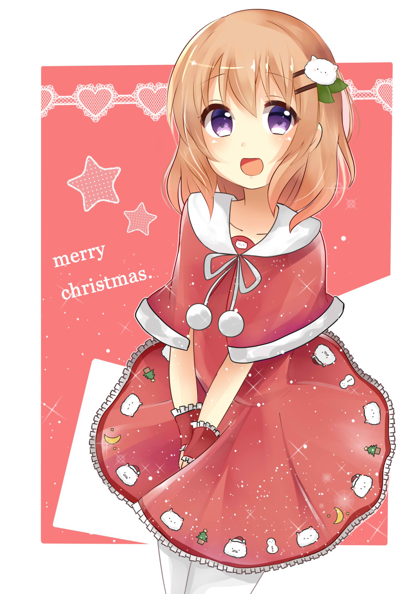 1girl :d absurdres bangs between_legs character_hair_ornament christmas christmas_tree collarbone commentary cowboy_shot crescent dress english eyebrows_visible_through_hair flat_chest frilled_cuffs frilled_dress frills fur-trimmed_capelet gochuumon_wa_usagi_desu_ka? hair_ornament hand_between_legs heart highres hoto_cocoa lace looking_at_viewer merry_christmas omochi_(rimulovemiku) open_mouth orange_hair pantyhose pom_pom_(clothes) red_capelet red_dress short_hair smile snowman solo sparkle standing star tippy_(gochiusa) two-tone_background violet_eyes white_legwear wrist_cuffs