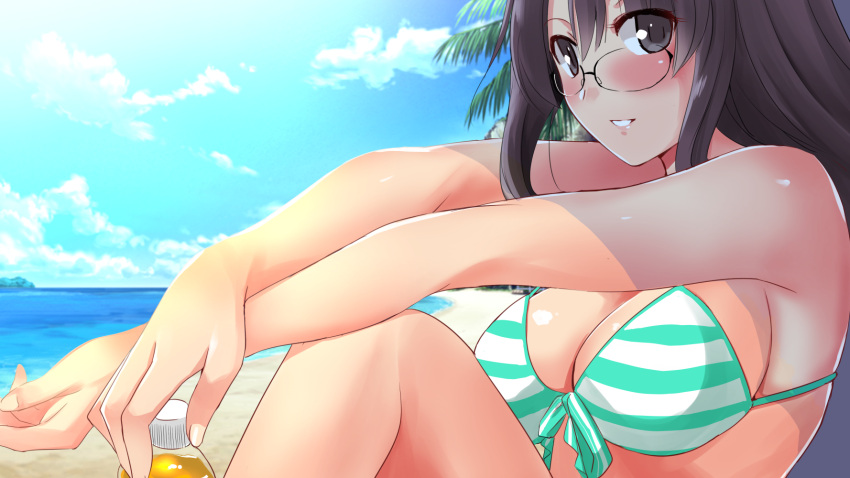 1girl :d aqua_bikini bare_shoulders beach bikini black_eyes black_hair blue_sky blush bottle breasts cleavage clouds day glasses highres large_breasts looking_at_viewer miracle_hoshi morikawa_mio open_mouth original outdoors palm_tree parted_lips sitting sky smile solo striped striped_bikini swimsuit tree water