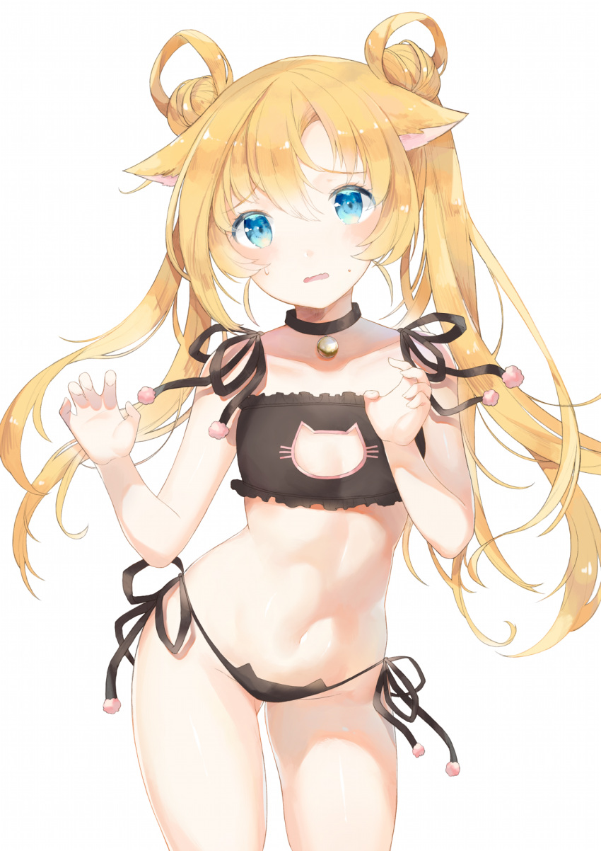 1girl abukuma_(kantai_collection) animal_ears bangs bare_arms bare_shoulders bell bell_choker black_bra black_neckwear black_panties black_ribbon blonde_hair blue_eyes blush bra breasts cat_cutout cat_ear_panties cat_ears cat_lingerie choker cleavage cleavage_cutout collar collarbone commentary_request cowboy_shot double_bun ears_down eyebrows_visible_through_hair flat_chest frilled_bra frills hair_rings head_tilt highres jingle_bell kantai_collection kemonomimi_mode long_hair looking_at_viewer mao_ge meme_attire navel open_mouth panties raised_eyebrows ribbon side-tie_panties simple_background solo standing stomach sweat tareme twintails underwear underwear_only wavy_mouth white_background