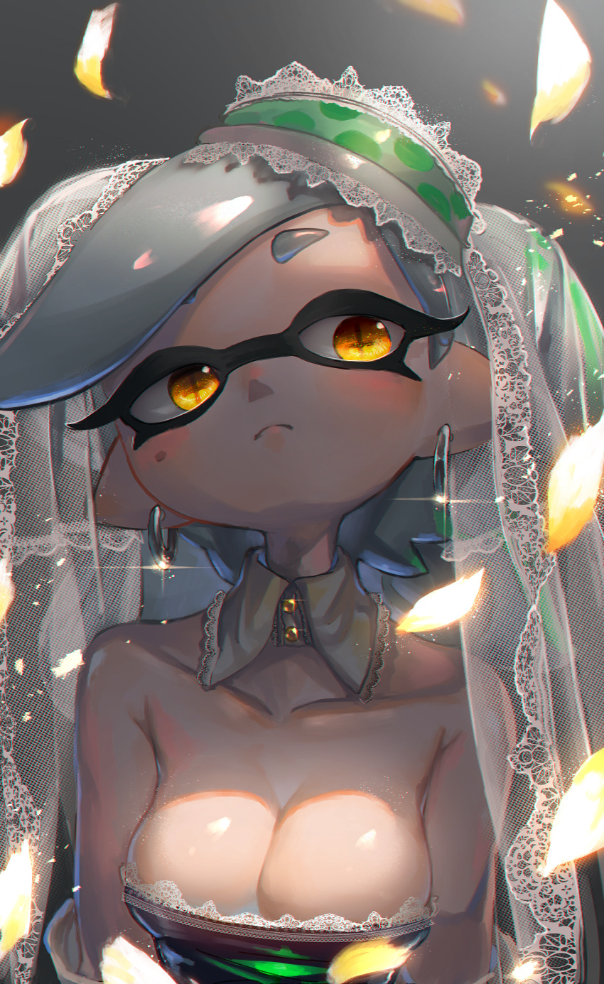 +_+ 1girl bare_shoulders breasts bridal_veil cleavage closed_mouth collarbone detached_collar domino_mask dress earrings falling_petals food food_on_head glint glowing_petals gradient gradient_background grey_background grey_hair highres hoop_earrings hotaru_(splatoon) jewelry kashu_(hizake) lace looking_at_viewer mask medium_breasts mole mole_under_eye monster_girl object_on_head petals pointy_ears shade shiny shiny_hair shiny_skin short_eyebrows short_hair solo splatoon splatoon_1 strapless strapless_dress tentacle_hair upper_body veil yellow_eyes