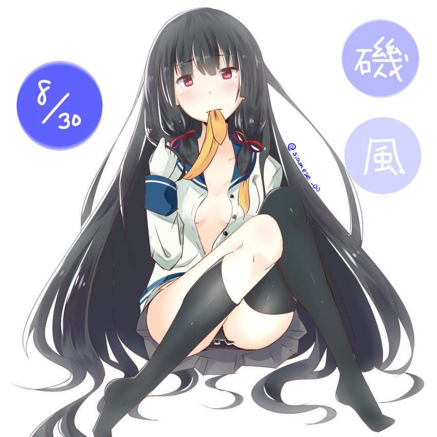 1girl asymmetrical_legwear bangs black_hair black_legwear black_panties blue_sailor_collar blush breasts character_name cleavage closed_mouth collarbone commentary_request dated eyebrows_visible_through_hair frilled_panties frills gloves grey_skirt hair_ribbon highres isokaze_(kantai_collection) kantai_collection kneehighs knees_together_feet_apart long_hair long_sleeves looking_at_viewer medium_breasts mouth_hold no_shoes panties pleated_skirt red_eyes red_ribbon ribbon sailor_collar school_uniform serafuku shirt siamese sitting skirt solo thigh-highs tress_ribbon twitter_username unbuttoned unbuttoned_shirt underwear very_long_hair white_background white_gloves white_shirt yellow_neckwear