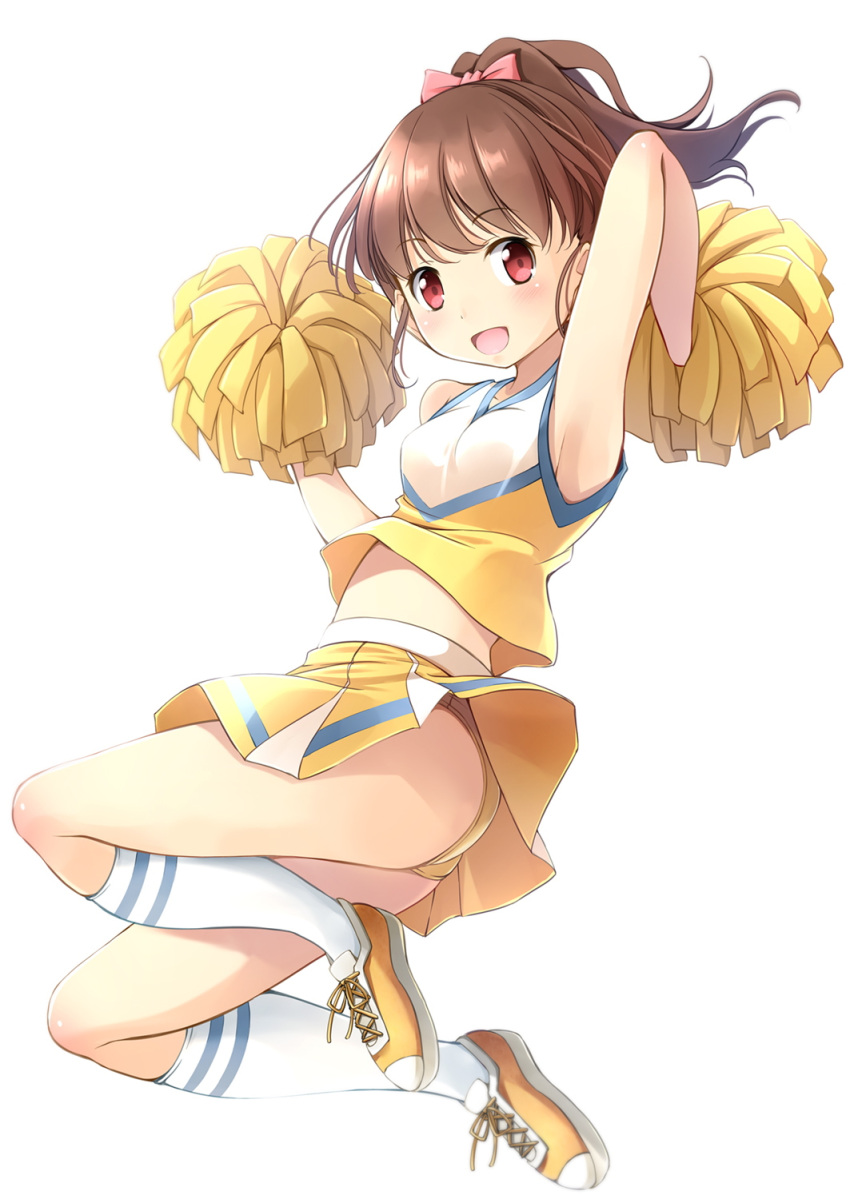 1girl :d arm_up ass bow breasts cheerleader full_body hair_bow highres kneehighs looking_at_viewer midair midriff open_mouth original panties pink_bow pom_poms ponytail red_eyes shibacha_(shibacha_0728) skirt small_breasts smile solo underwear upskirt white_legwear yellow_footwear yellow_panties yellow_skirt