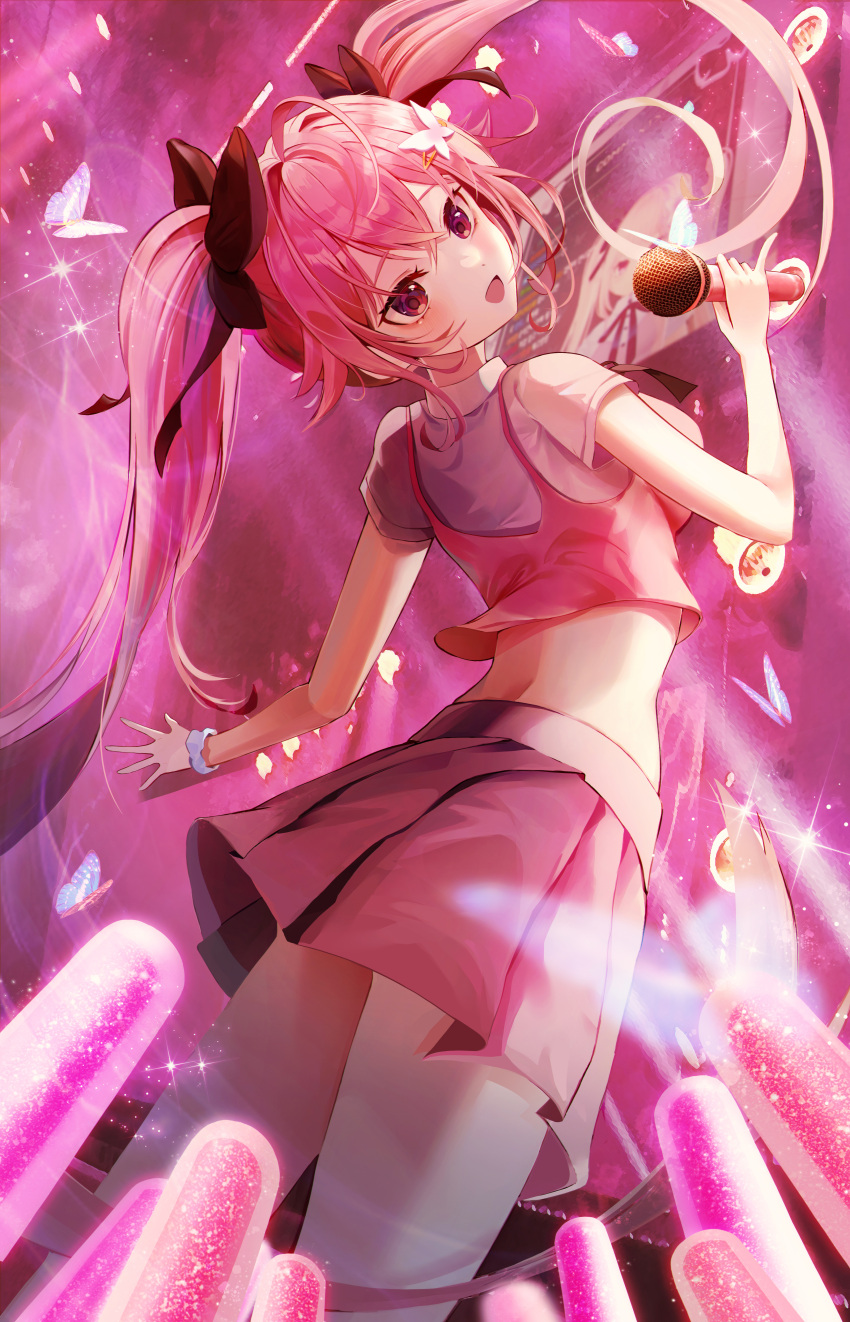 1girl :d absurdres bangs black_bow bow breasts character_request floating_hair hair_between_eyes hair_bow hair_intakes highres holding holding_microphone jaduade long_hair medium_breasts microphone midriff miniskirt pink_hair pink_skirt pleated_skirt red_eyes shirt short_sleeves skirt smile solo thigh-highs twintails very_long_hair virtual_youtuber white_legwear white_shirt zettai_ryouiki