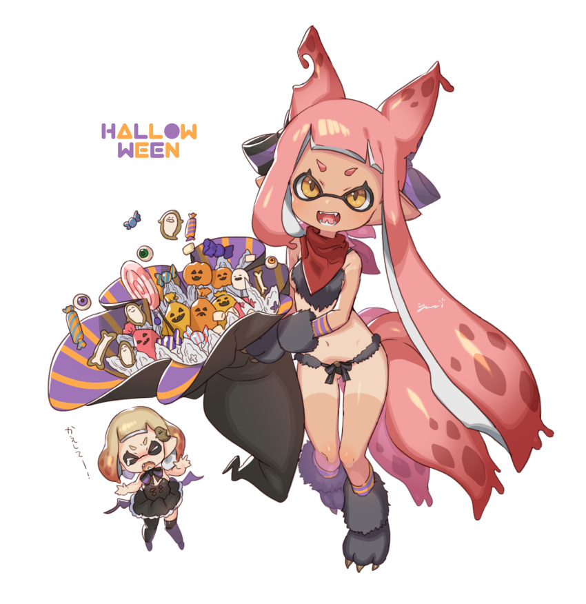 2girls candy costume fangs food fur_trim gloves halloween halloween_costume hat highres inkling looking_at_viewer multiple_girls navel open_mouth panties paw_boots paw_gloves paws simple_background single_tear splatoon splatoon_2 stomach tan tanline underwear vampire_costume werewolf witch_hat yu-ri