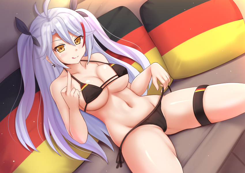 1girl :q ahoge azur_lane bangs bikini black_bikini black_bow blush bow breasts brown_eyes closed_mouth collarbone commentary couch dutch_angle eyebrows_visible_through_hair german_flag grey_hair hair_bow highlights highres kazenokaze large_breasts long_hair looking_at_viewer middle_finger mole mole_on_breast multicolored_hair navel on_couch pillow prinz_eugen_(azur_lane) redhead revision side-tie_bikini sidelocks sitting smile solo spread_legs swimsuit thighs tongue tongue_out two_side_up under_boob untied untied_bikini