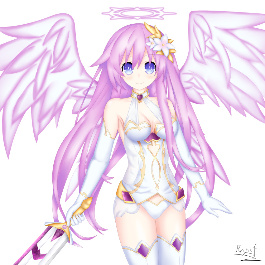 1girl absurdres artist_name bare_shoulders blue_eyes breasts cleavage cosplay elbow_gloves flower four_goddesses_online:_cyber_dimension_neptune gloves hair_flower hair_ornament halo highres holding holding_sword holding_weapon jewelry long_hair looking_at_viewer medium_breasts neptune_(series) power_symbol purple_hair purple_heart purple_heart_(cosplay) purple_sister simple_background smile solo sword symbol-shaped_pupils thigh-highs very_long_hair weapon white_background white_gloves white_legwear wings
