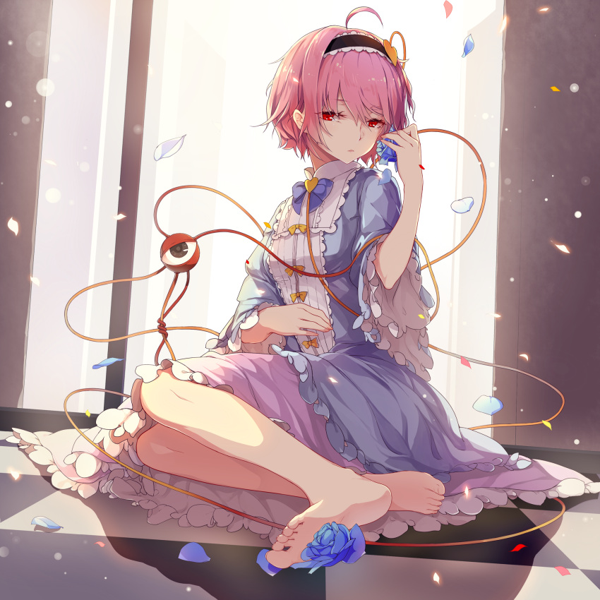 1girl bangs bare_legs barefoot blue_rose blue_shirt bow checkered checkered_floor feet flower full_body hairband heart highres holding komeiji_satori lolita_hairband looking_at_viewer petals pink_hair pink_skirt red_eyes rose sam_ashton shirt skirt soles solo third_eye toes touhou transparent_background yellow_bow