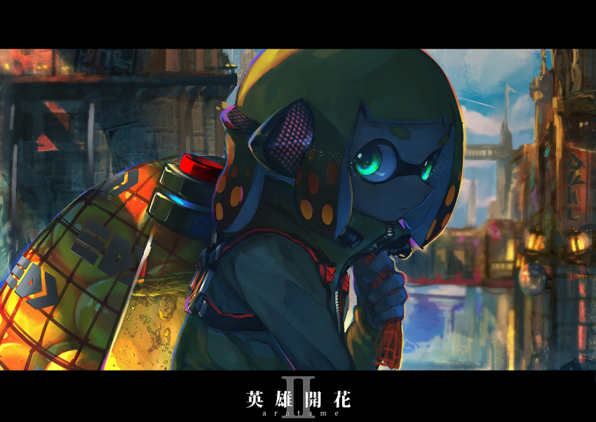 1girl bangs blonde_hair blue_sky blunt_bangs bridge building closed_mouth clouds cloudy_sky day domino_mask expressionless glowing glowing_eyes golden_egg green_eyes headset high_collar highres holding holding_sack ink ink_tank_(splatoon) inkling jacket kashu_(hizake) lantern letterboxed light_particles long_sleeves looking_at_viewer mask monster_girl outdoors poster roman_numerals shade short_eyebrows short_hair side_glance sign sky solo splatoon splatoon_2 sunlight tentacle_hair tower translation_request upper_body yellow_jacket zipper