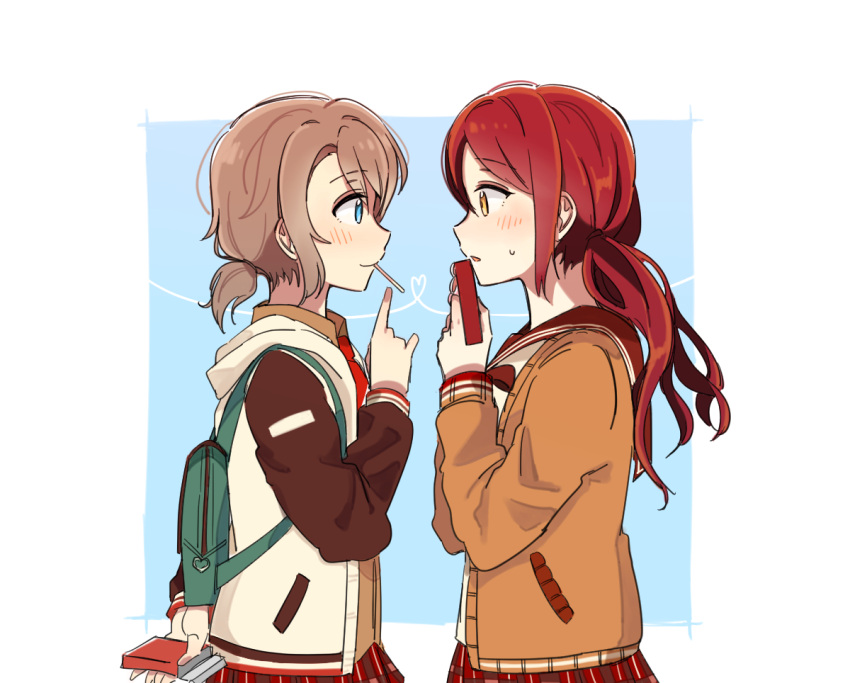 2girls arm_behind_back backpack bag blush brown_hair brown_jacket brown_neckwear cardigan closed_mouth eye_contact eyebrows_visible_through_hair food from_side heart heart_of_string holding index_finger_raised jacket long_hair long_sleeves looking_at_another love_live! love_live!_sunshine!! low_ponytail low_twintails mouth_hold multiple_girls open_clothes open_jacket parted_lips plaid plaid_skirt pleated_skirt pocky profile red_skirt redhead sakurauchi_riko school_uniform serafuku short_hair skirt smile sweatdrop tareme twintails two-handed two-tone_background upper_body watanabe_you white_jacket yellow_eyes yuri yuyu_(yuyunnm)