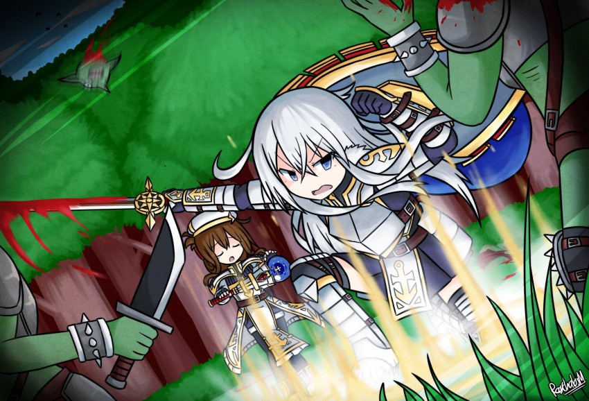 2girls armor armored_boots armored_dress artist_name battle blue_eyes boots bracelet cape casting_spell commentary decapitation dungeons_and_dragons emblem forest gauntlets gloves goblin grass green_skin hibiki_(kantai_collection) highres inazuma_(kantai_collection) jewelry kantai_collection knee_pads knight long_hair magic_circle multiple_boys multiple_girls nature paladin pointy_ears raythalosm shield silver_hair spiked_bracelet spikes sword weapon